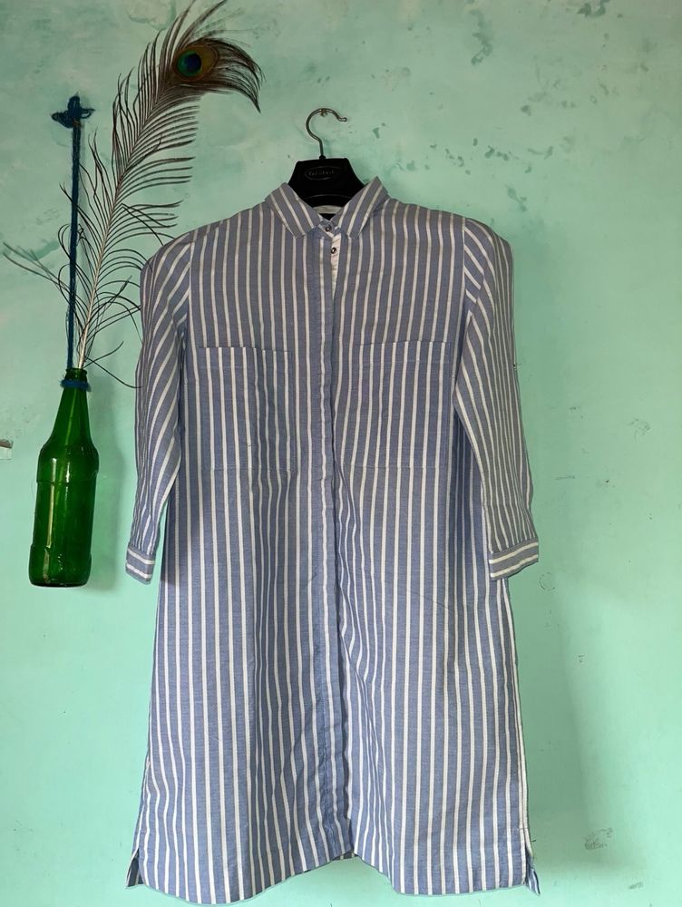 Light Blue Long Shirt White Stripe On It