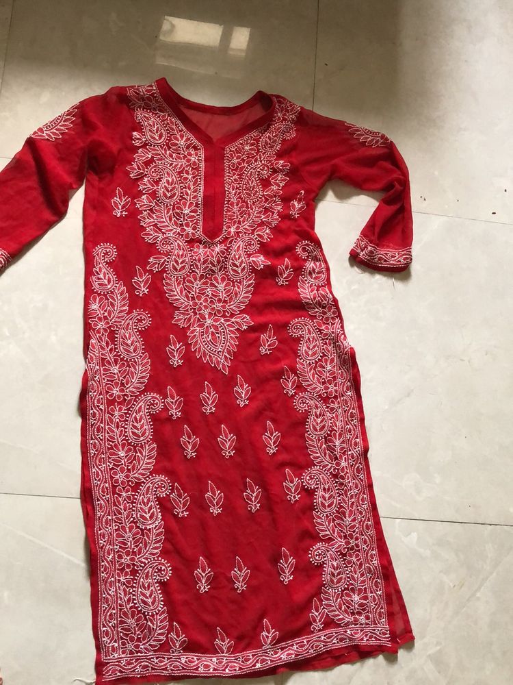 Straight Fit Chicken Work Red Kurti