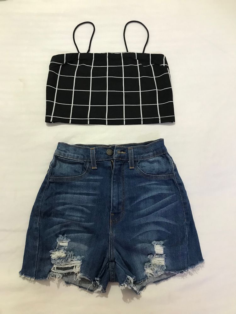 Denim Shorts And Strapy Crop Top Xs