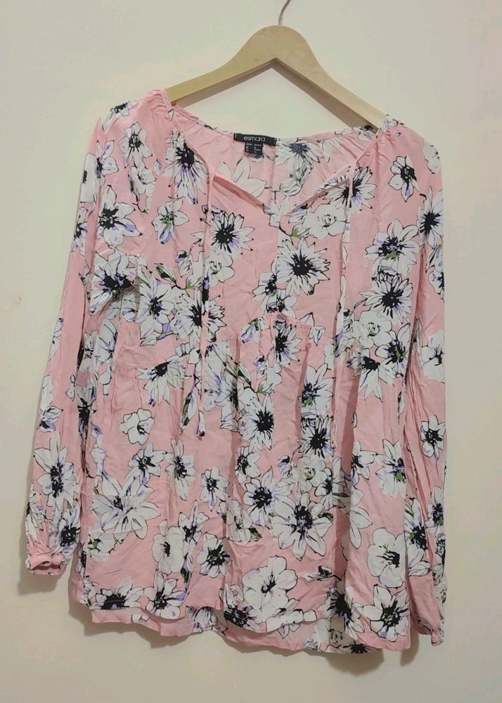 Baby Pink Color Flower Print Top For Girl