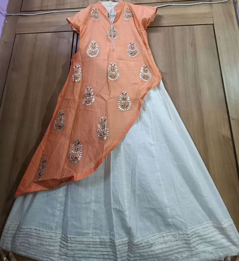 Orange & Off White Ethnic Gown (1 Piece Dress)