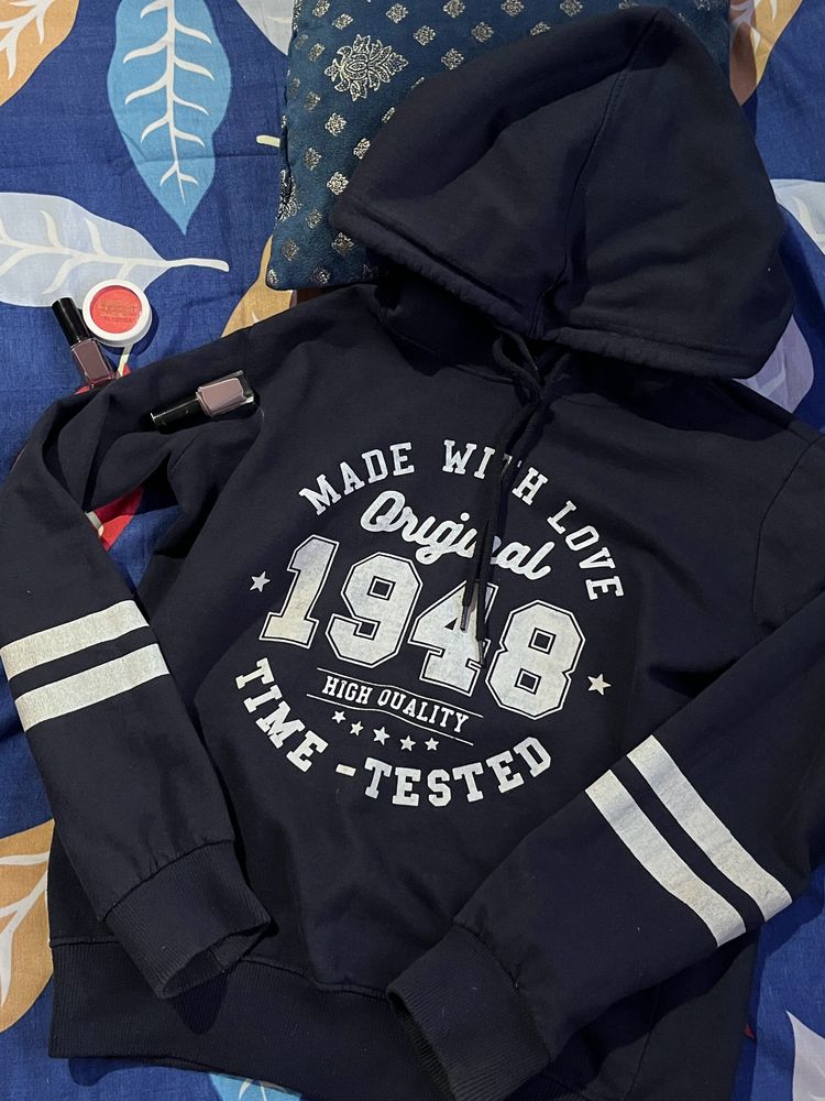 Navy Blue Printed Fitted Hoodie