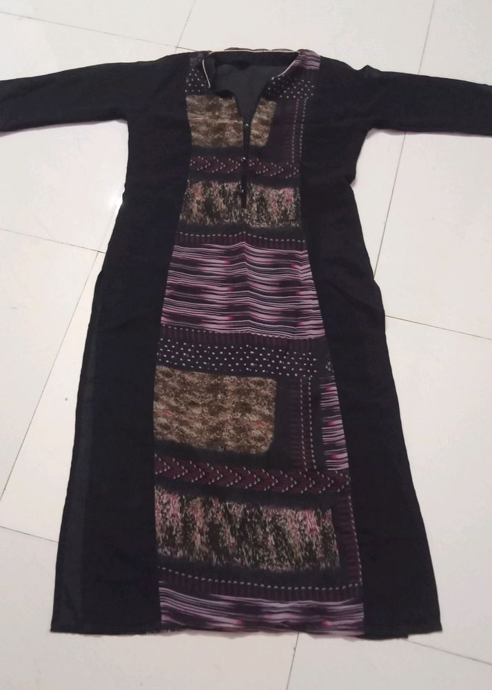 Women Black A Line Printed Straight Kurta