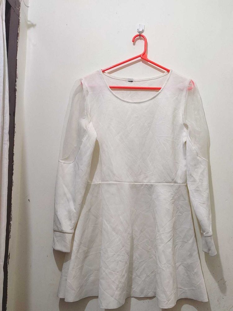 White Mini Dress With Net Sleeves Stretchy 34-38