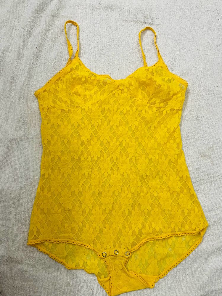 Women Yellow Net Bodysuit