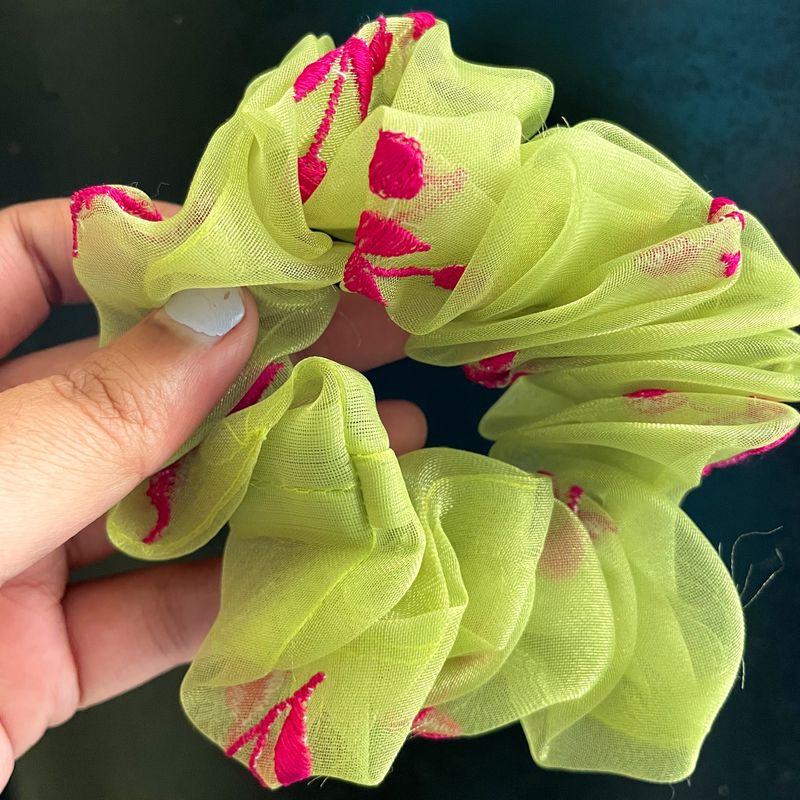 Green Organza Scrunchie With Embroidery 🍀