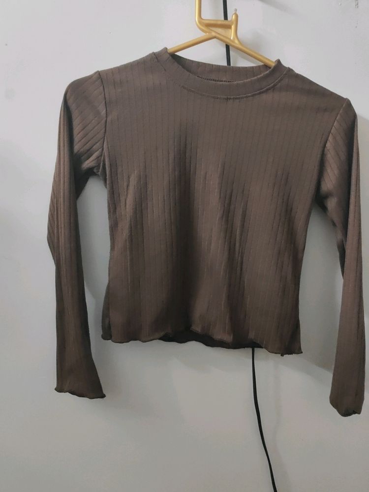 Brown Ribbed Crop Top