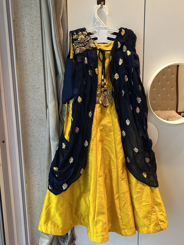 Yellow @ Navy Blue Ethnic Gown