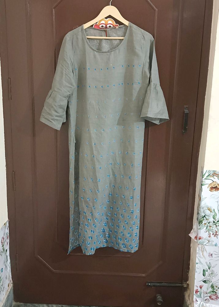 Grey Printed Kurti With Bell Sleeves