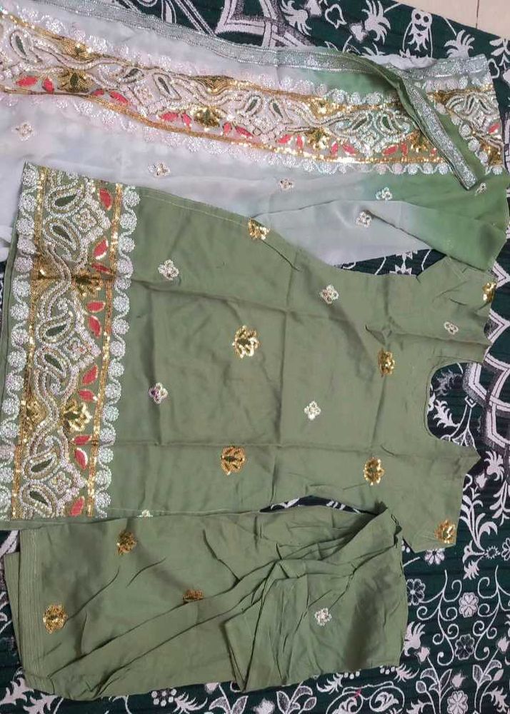 Pista Green Suit With Double Shades Dupatta