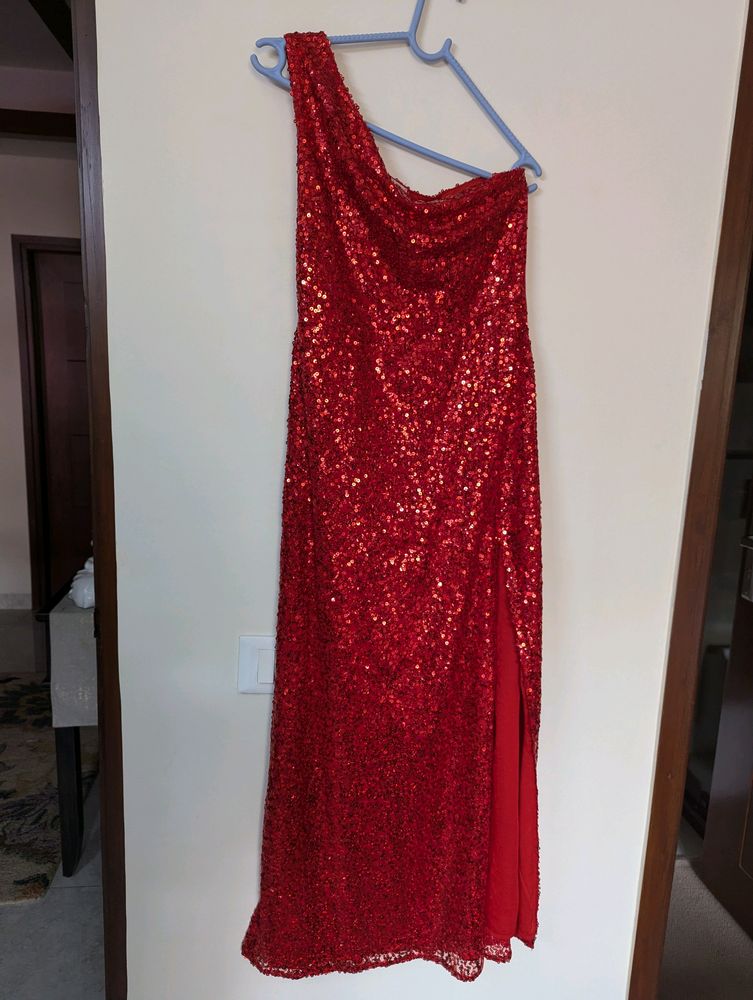 Red Sequence One Shoulder Gown