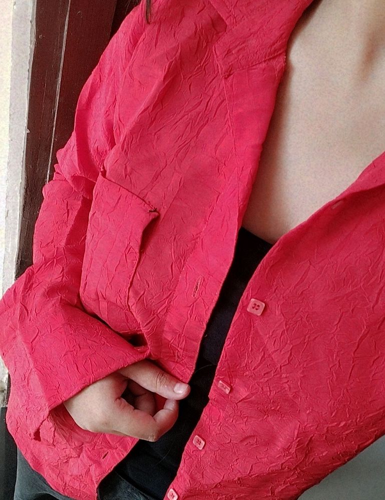 Unisex Red Crinkle linen Shirt Vintage Inspired