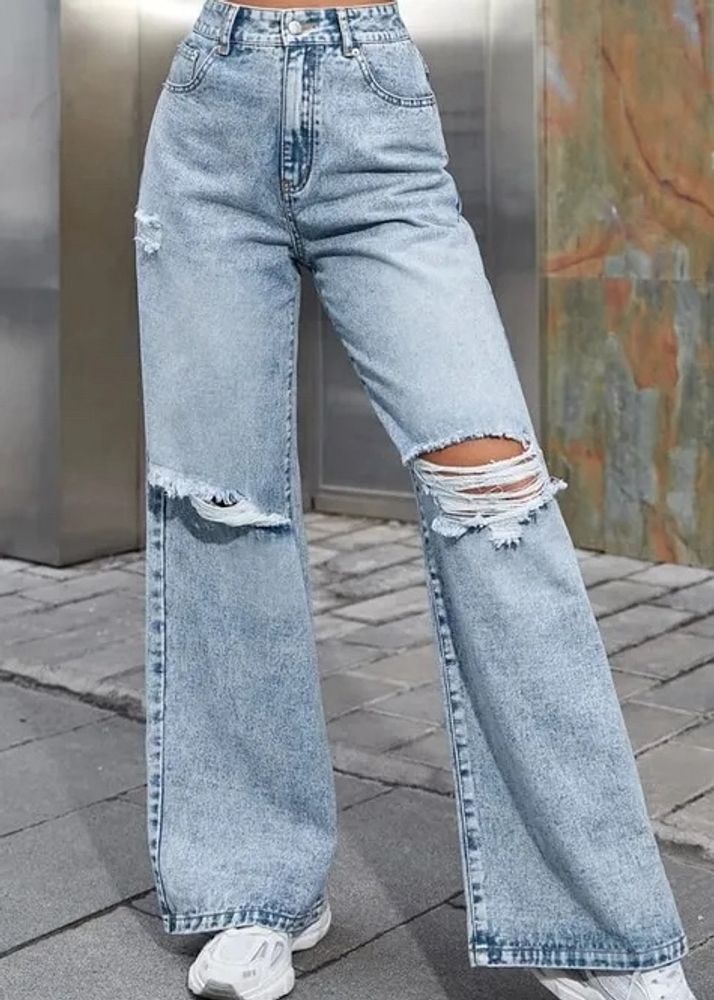 Blue Denim Wide Leg Ripped Jeans