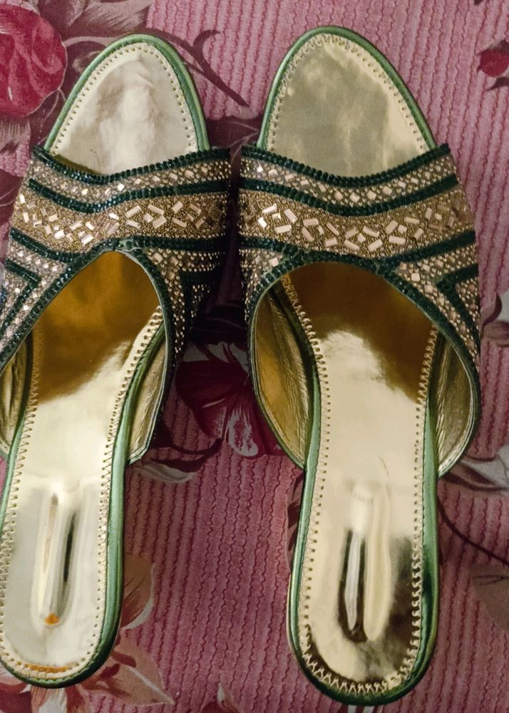 Party Wear Sandal Gold And Green