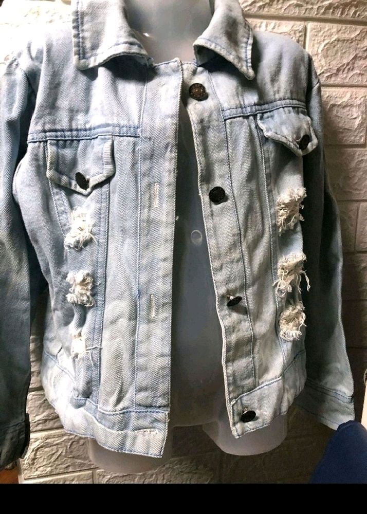 Women Blue Torn Denim Jacket