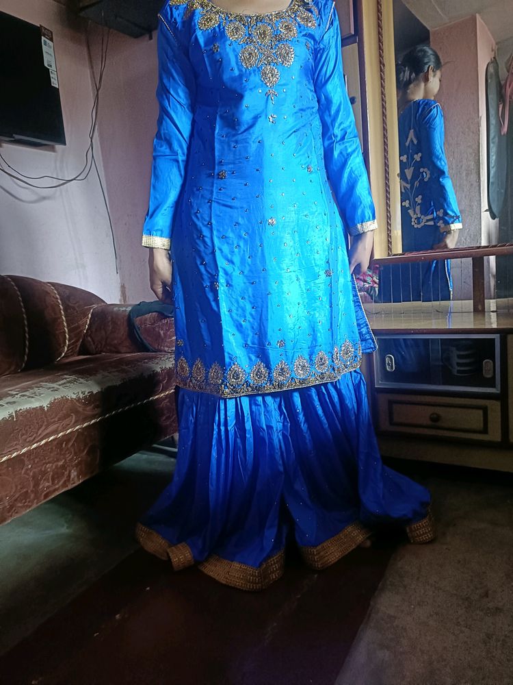 Blue Heavy Embroidered Sharara Suit With Dupatta