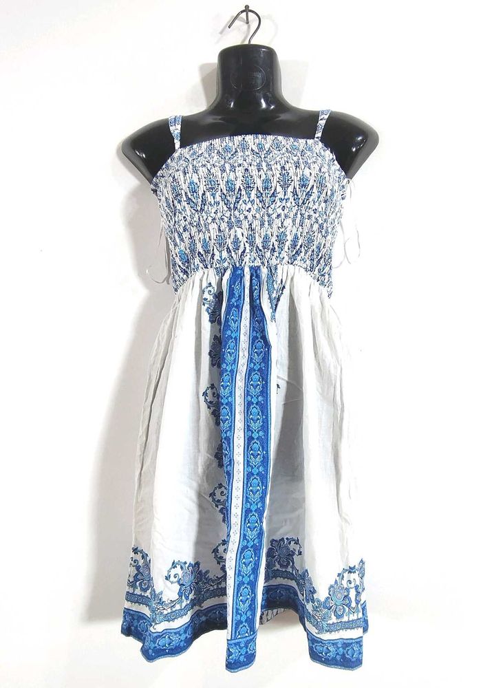 White With Blue Floral Print Dress (Women's)