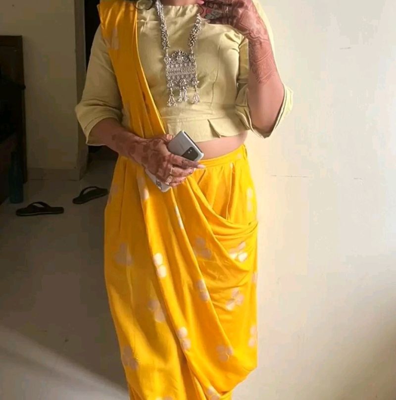 Yellow Dhoti Saree Ready To Wear Without Blouse