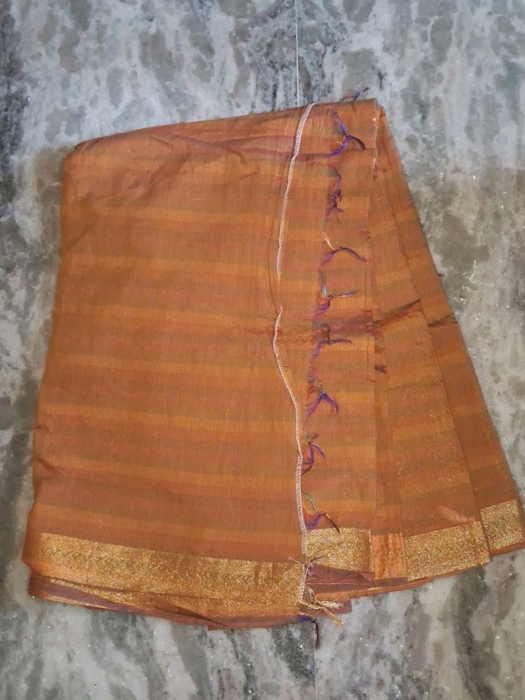 Cotton Silk Orange Multi Color Stripes Saree