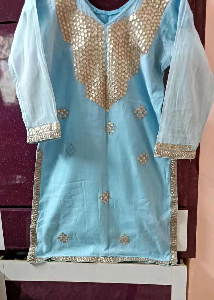 Sky Blue Golden Work Kurti