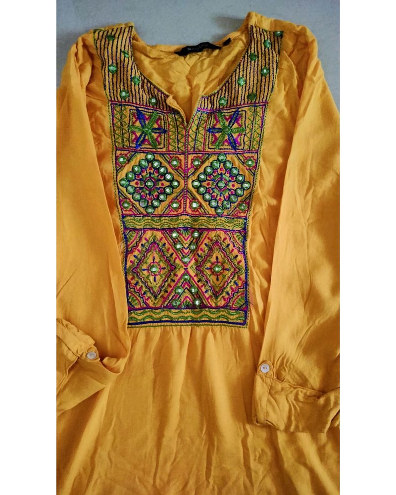 Beautiful Rayon Yellow Kurti Having Embroidery. Ha