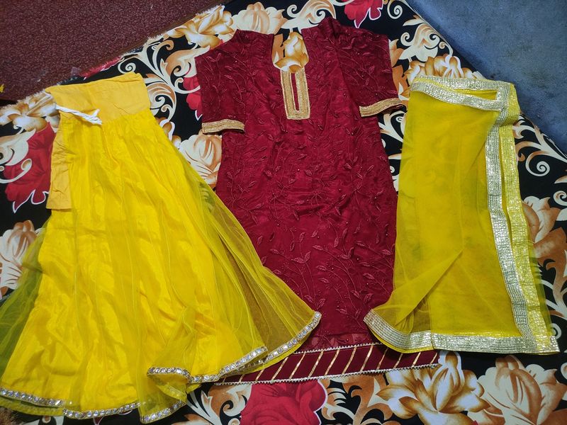 Yellow,Mehroon Sharara Haldi Suit