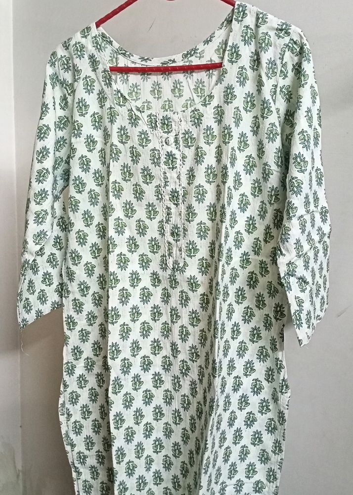 White And Green Printed Cotton Kurta