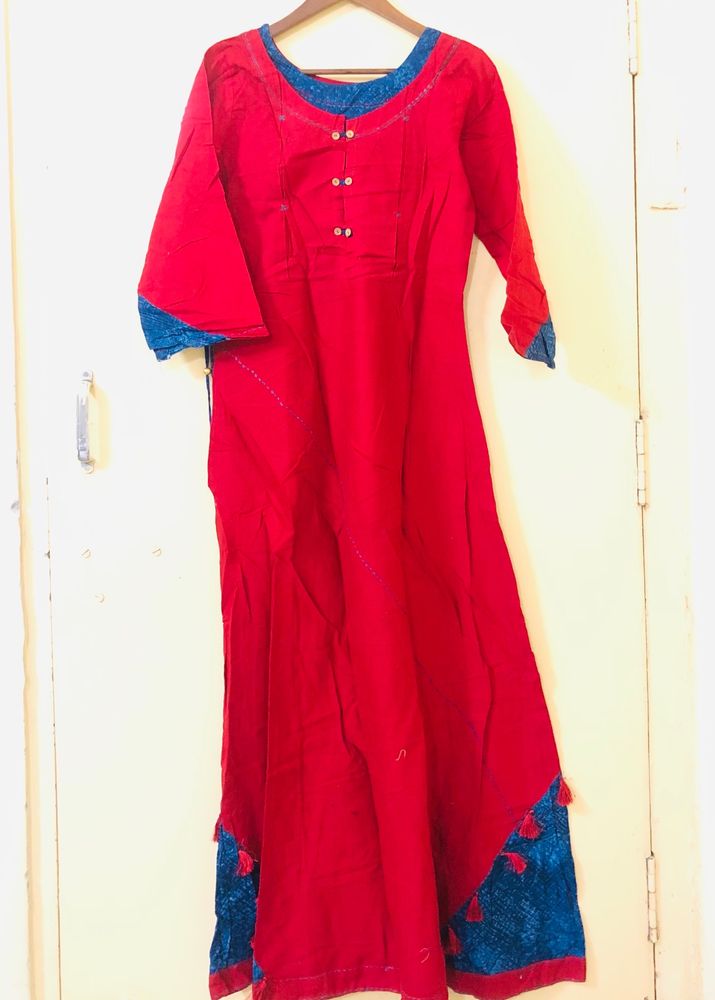 Red Cotton Silk Gown With Suta Work