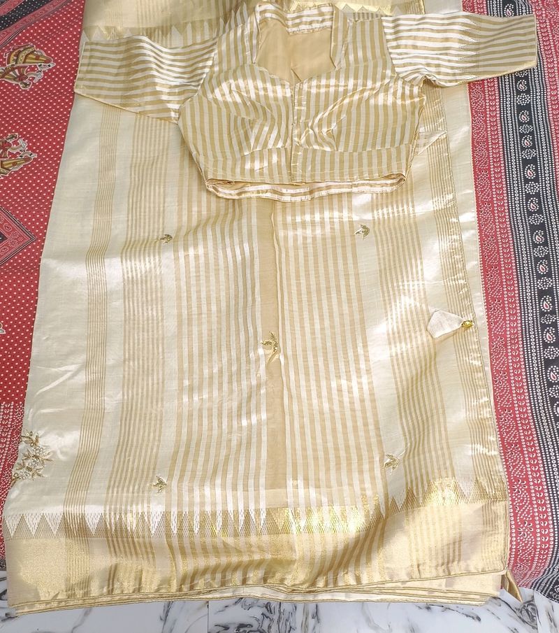 Cotton Silk Saree Cream and Gold