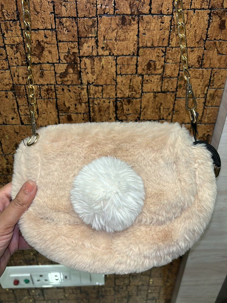 Beige Colour Furr Sling Bag For Women