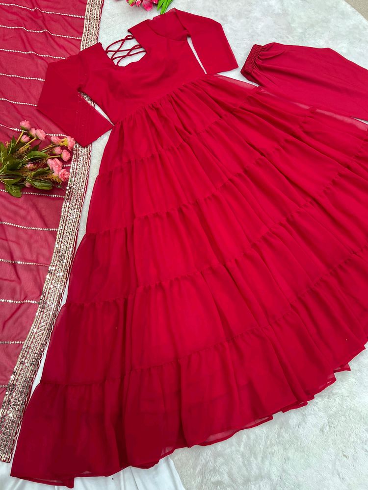 AC 253 Beautiful Red ♥️ Anarkali Pant Dupatta Suit