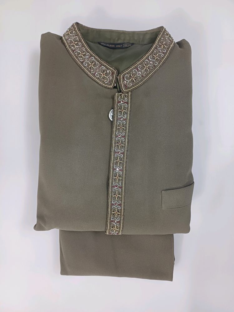 Sherwani Chudidar Set With Hand Embroidery (Olive)