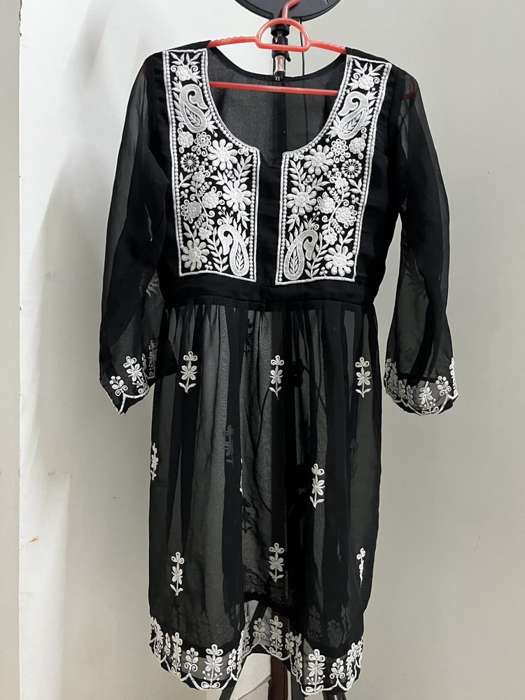 Woman embroidered georgettee A-line Kurta(black)