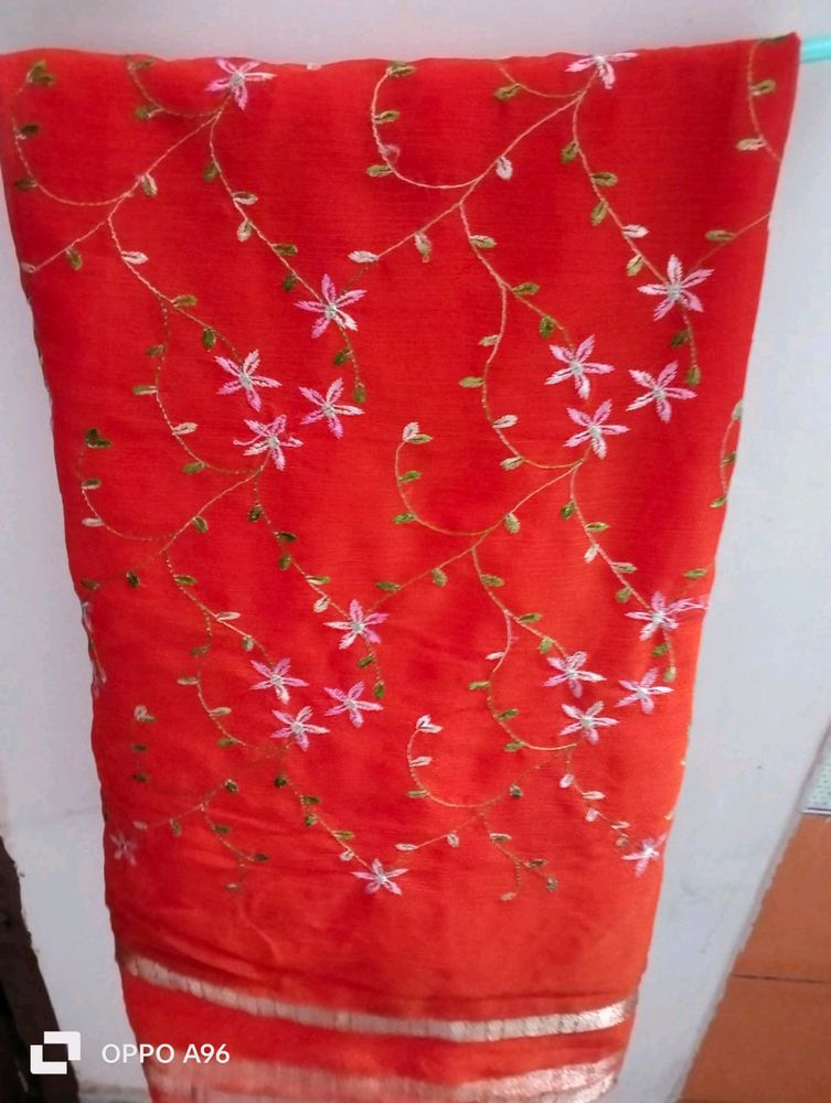 Orange Saree With Embroidery  On pallal