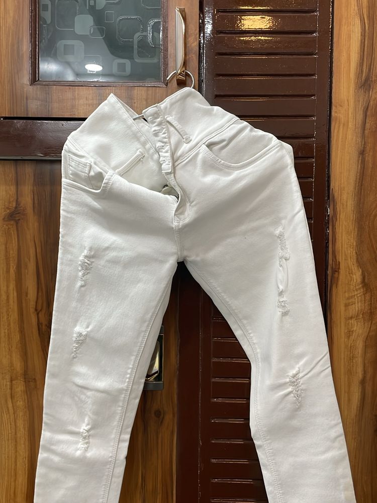 White Skinny Rugged High Waist Jeans