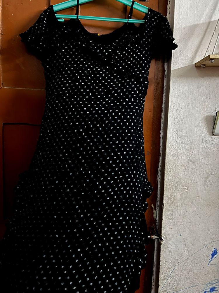 Black Cold Shoulder Polka Dots Dress