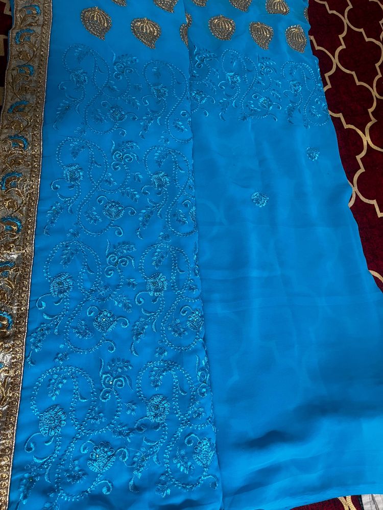 Blue Embroidery Saree With Blouse Size 36 Extra Ma