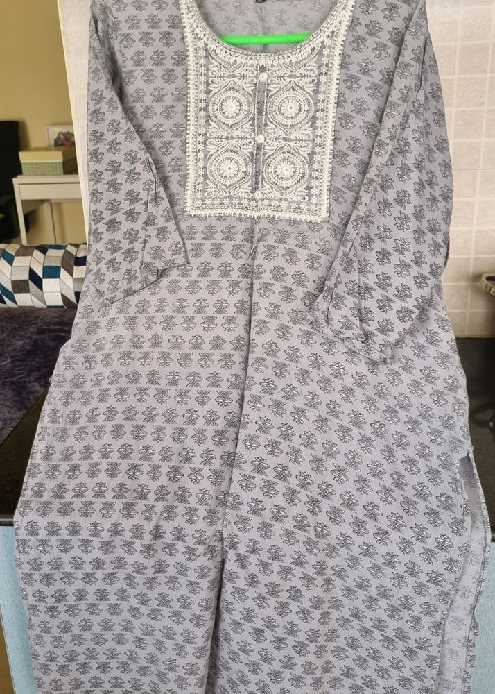 Grey Kurti Kurta With Embroidered Neck Detailing