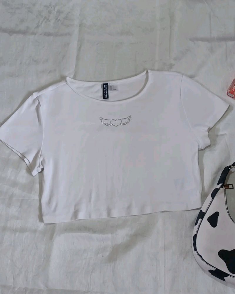 H&M White Overlocked Crop Top