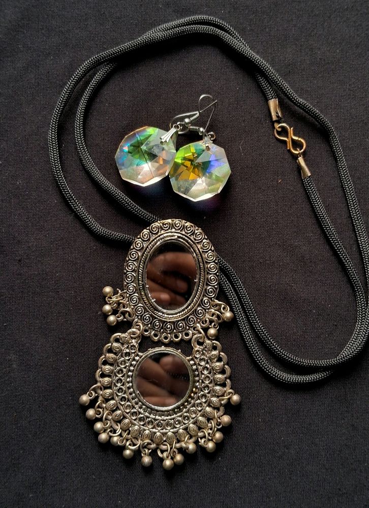 Tribal Mirror Necklace And diamond Earrings