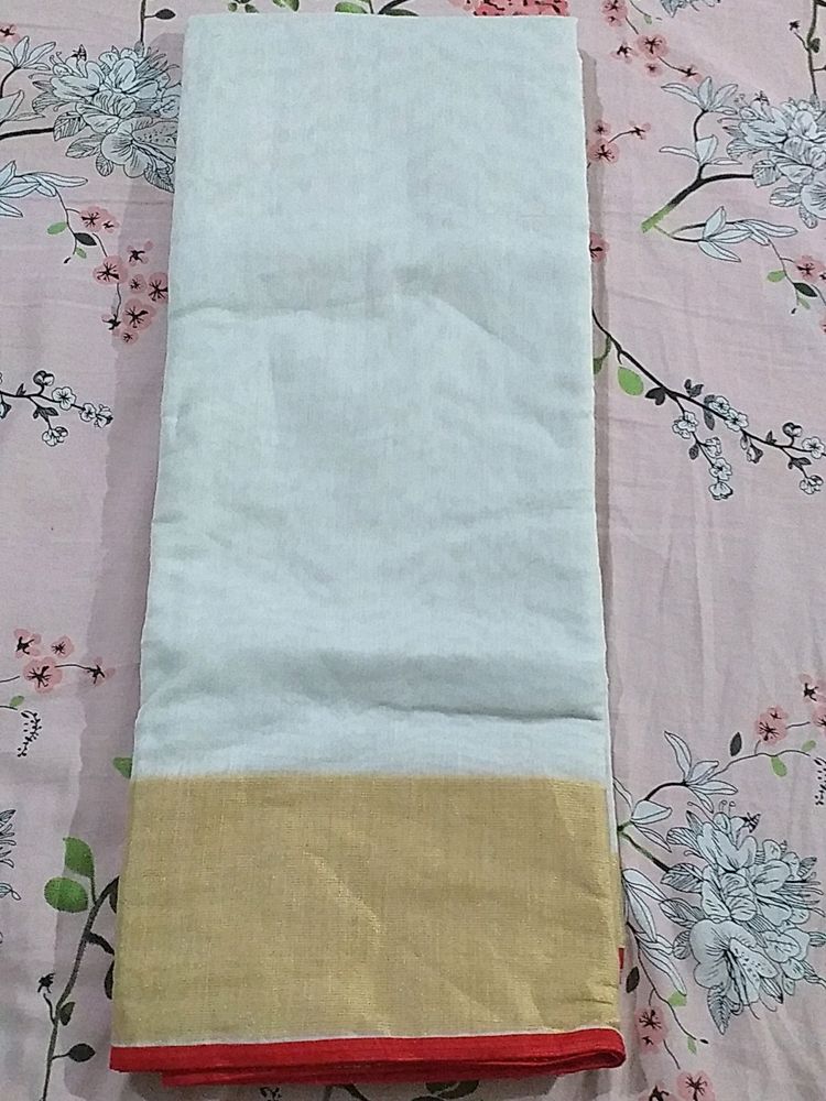 White Cotton Saree With Golden Border