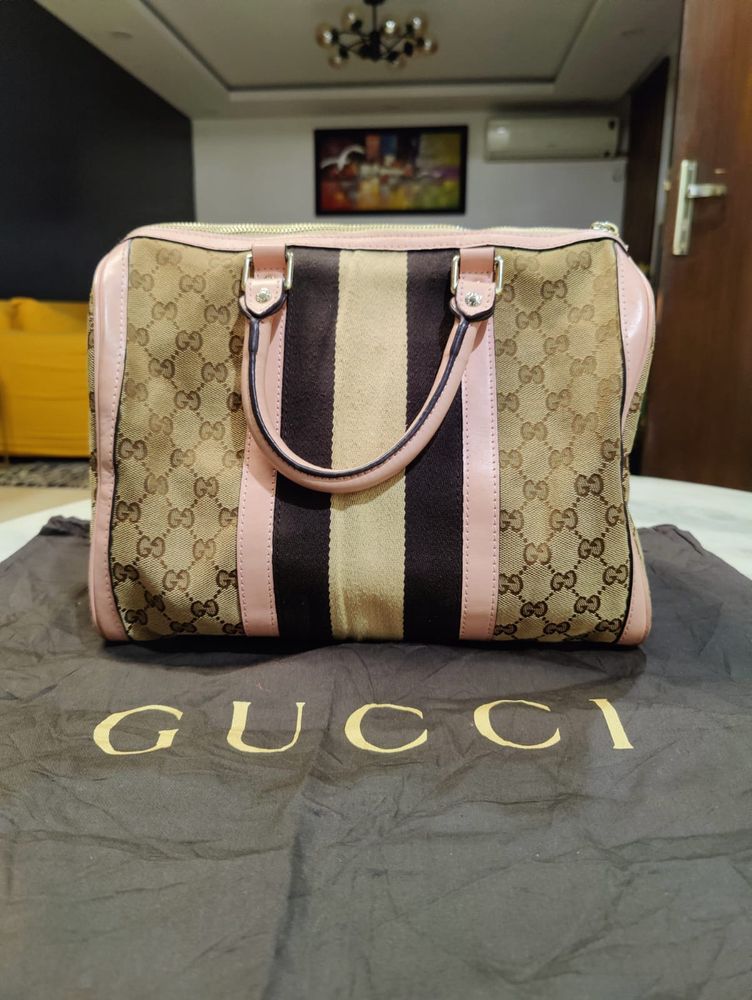 Auth Gucci Beige Canvas And Leather Web Boston Bag