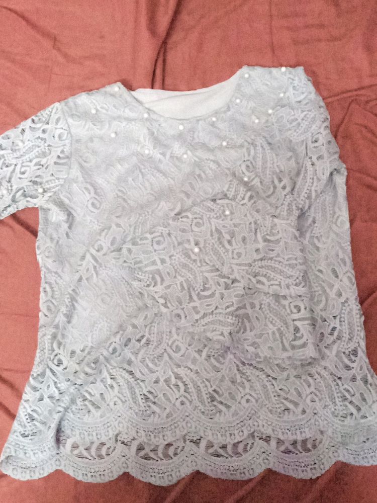 Cute Grey Net Pearl Top For Girls