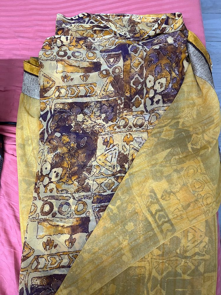 Yellow Cotton Saree With Blouse