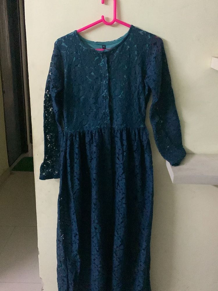 Sea Green A Line Net kurta With Slit