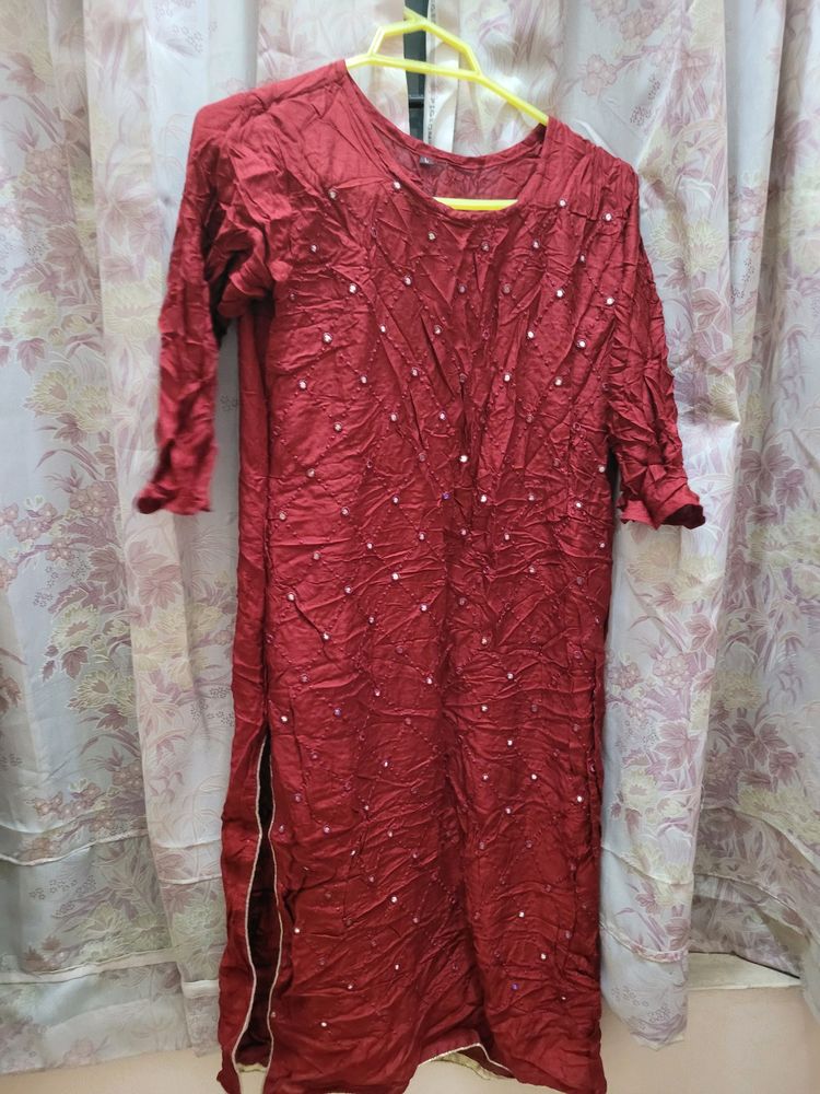 Red Mirror Work Kurti Set With Palazzo And Dupatta