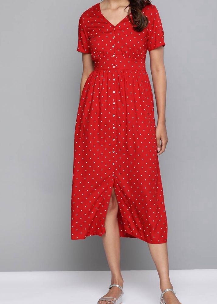 Red & White Polka Dots Print EmpireDress