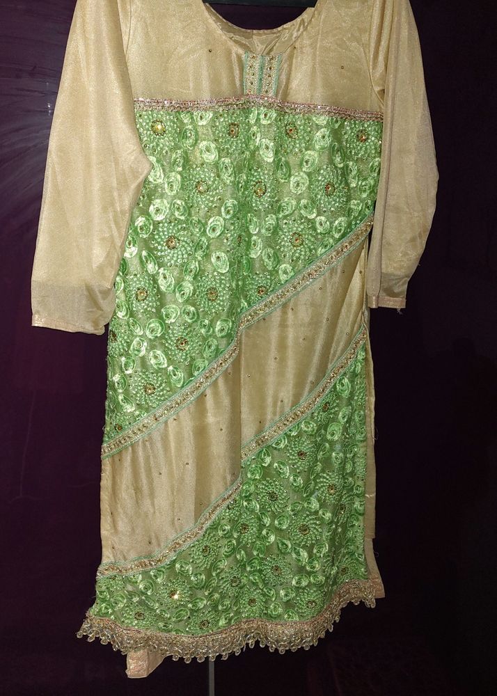 Parrot Green And Golden Dual Colour Kurta