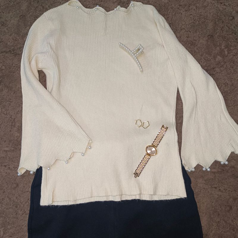 White Beads Detailing Winter Top