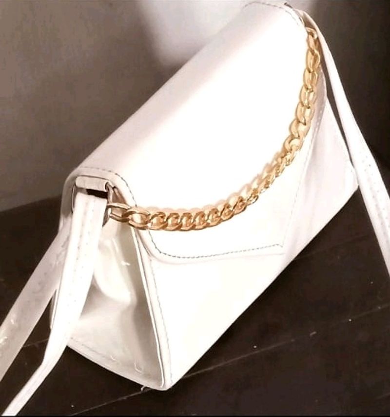 White Slingbag With Golden Chain For Girls And Wom